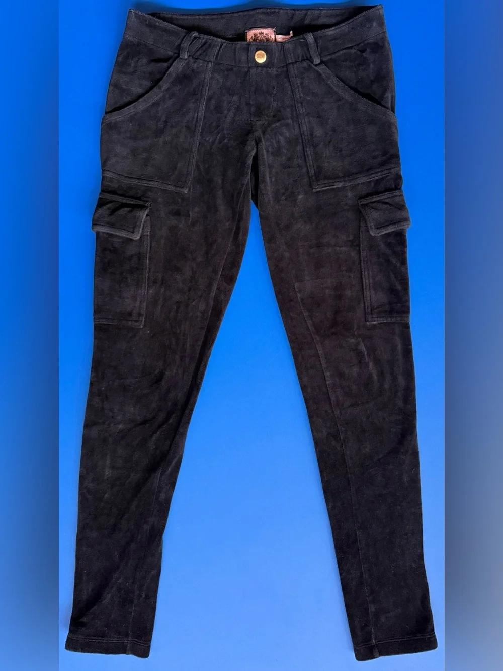 Juicy Couture 2010 Black Velour Cargo Pants Petite Gold Ankle Zip Y2K